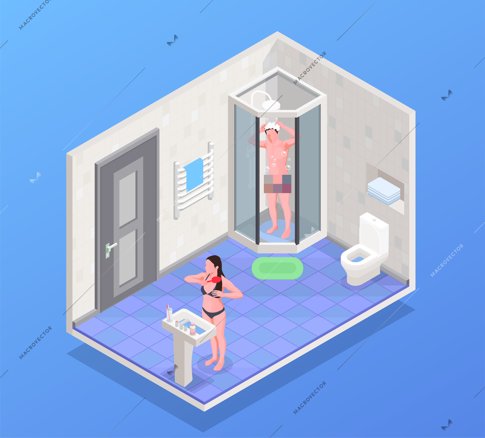 Personal hygiene isometric concept with modern bathroom interior design vector illustration