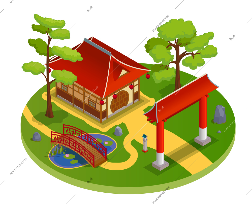 Asian house isometric concept with bridge arch and river vector illustration