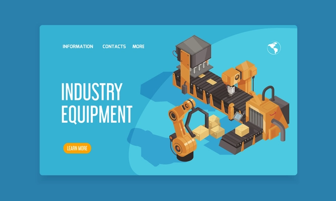 Isometric robot automation landing page with links industry equipment headline and learn more button vector illustration