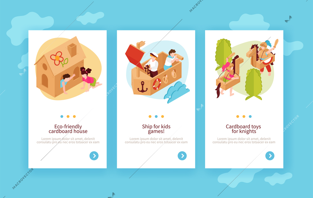 Eco friendly kids toys vertical banners set of children playing with cardboard house ship horse isometric vector illustration