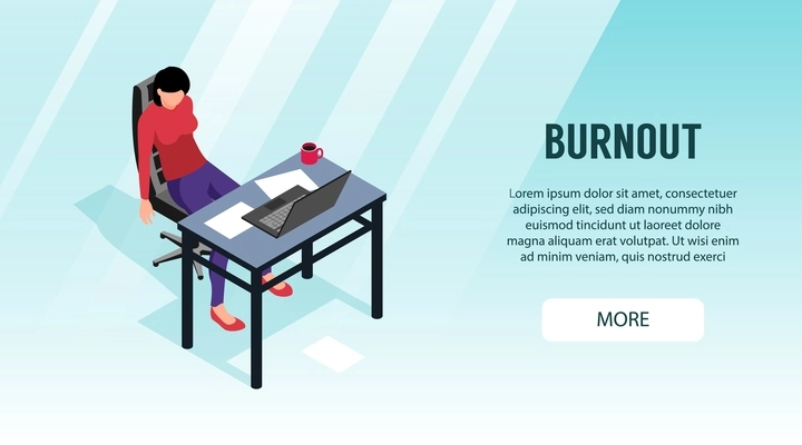 Professional  burnout horizontal banner with tired young woman sleeping at her workplace isometric vector illustration