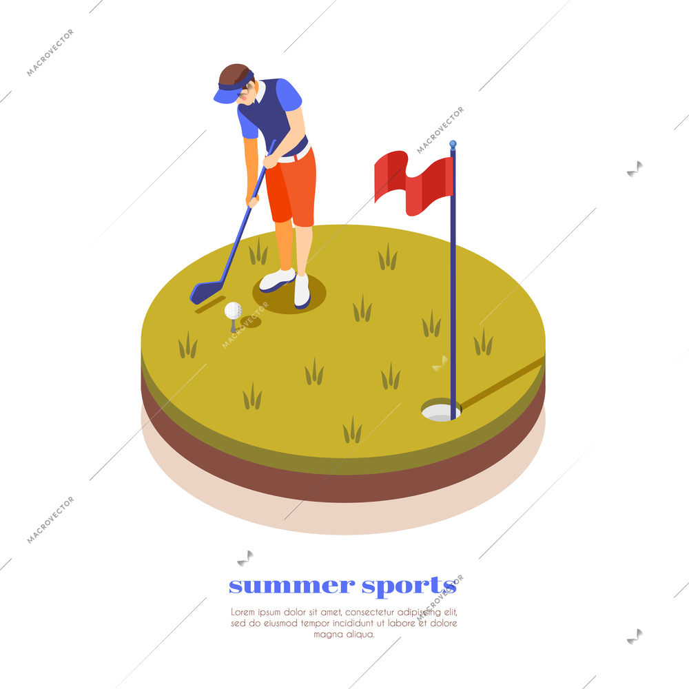 Summer sports isometric composition with sportsman holding putter for playing golf vector illustration