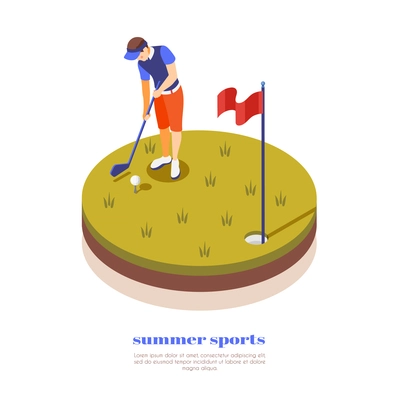 Summer sports isometric composition with sportsman holding putter for playing golf vector illustration