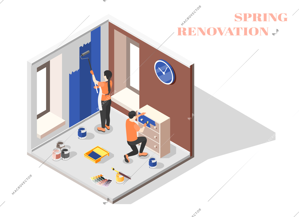 Spring renovation isometric composition with young couple working together in home interior vector illustration