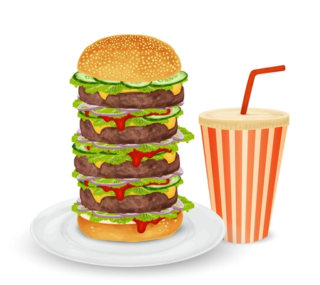 Big hamburger on plate and drink in paper can with straw isolated on white background vector illustration