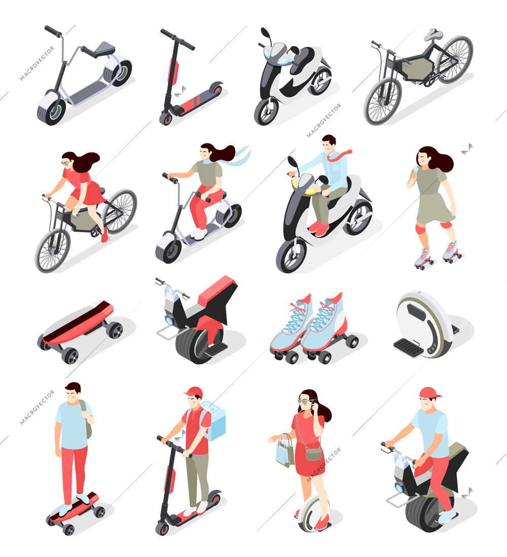 Isometric set of icons with people riding personal transport scooter bike motorcycle roller skates monocycle isolated on white background 3d vector illustration