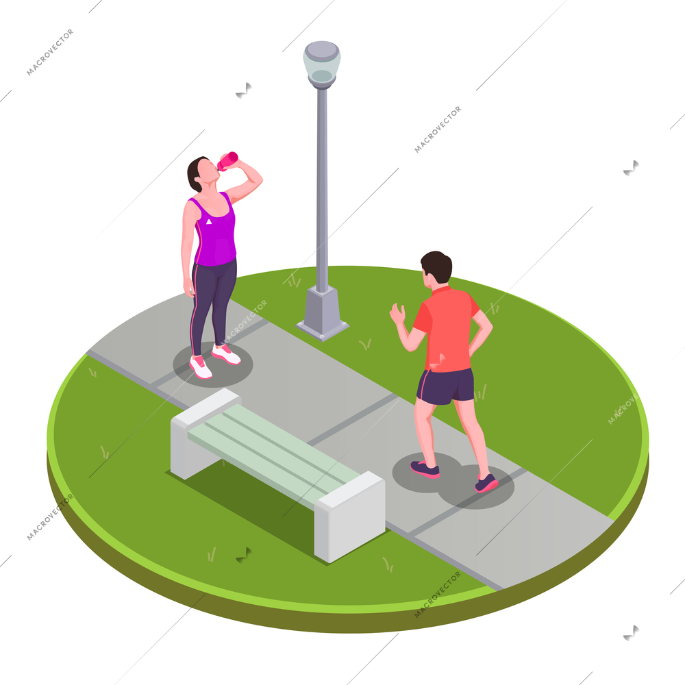 Running and jogging people in park concept with active lifestyle symbols isometric vector illustration