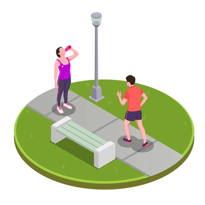 Running and jogging people in park concept with active lifestyle symbols isometric vector illustration