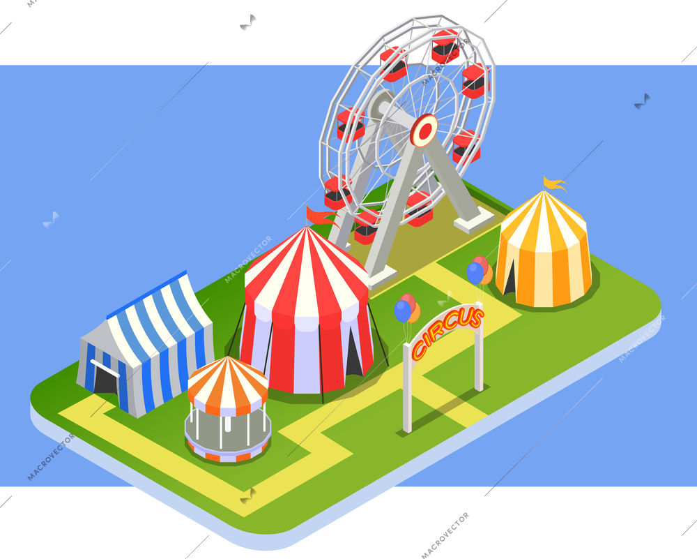 Circus isometric concept with show tent and amusement park vector illustration