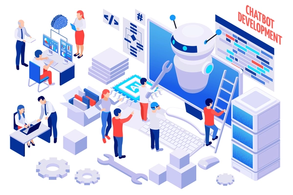 Creating and developing your own chatbot messenger isometric composition with company staff building cyber bot vector illustration
