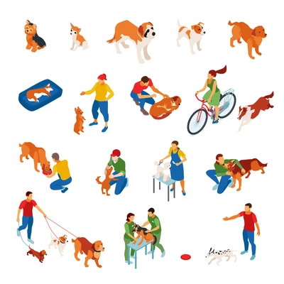 Isometric icons set with dogs and sitters looking after pets 3d isolated vector illustration