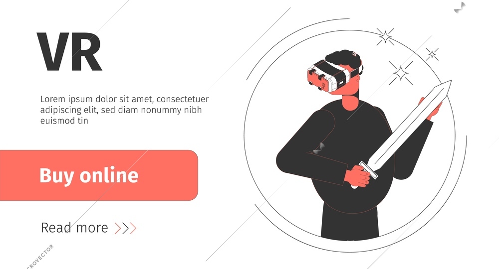 Isometric shop banner with man wearing vr goggles and holding sword 3d vector illustration