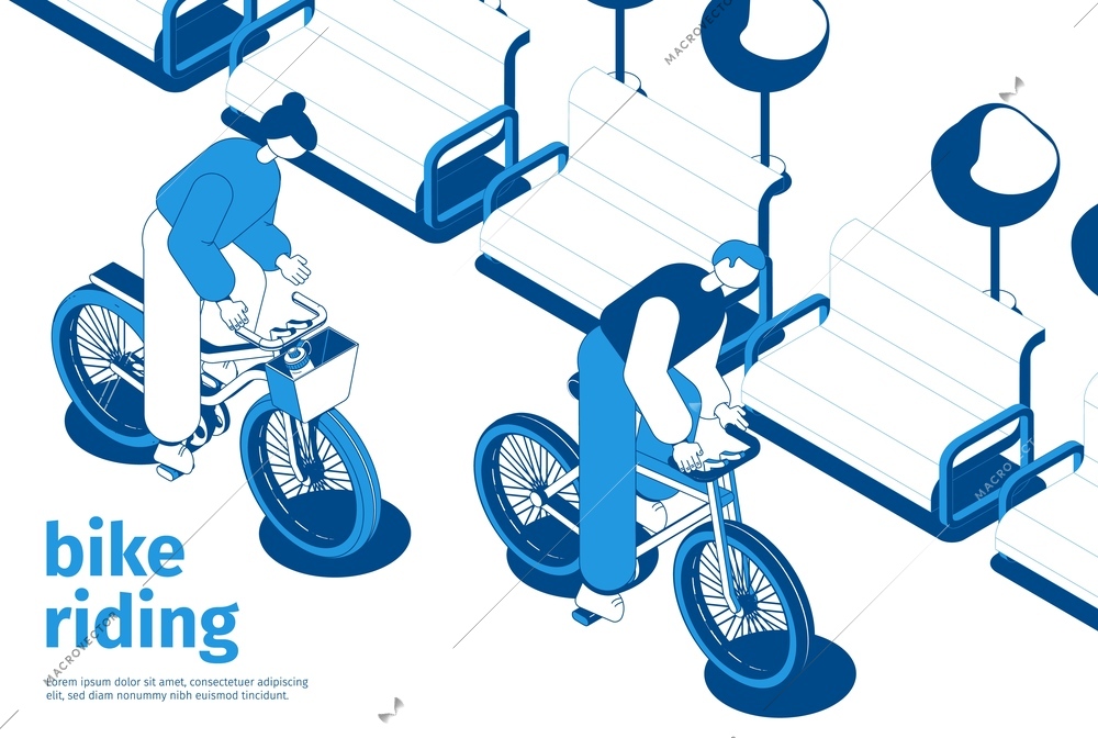 Two people riding bikes in park with benches and trees on background 3d blue and white isometric vector illustration