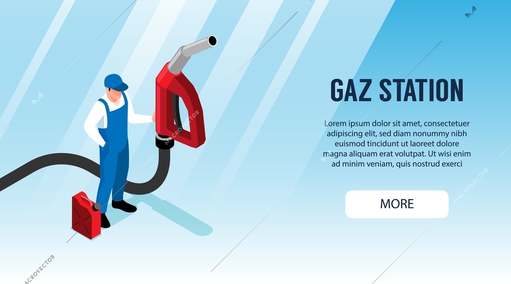 Gas station horizontal banner with worker in uniform holding big filling gun isometric vector illustration