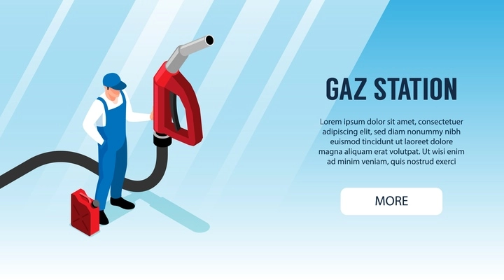 Gas station horizontal banner with worker in uniform holding big filling gun isometric vector illustration