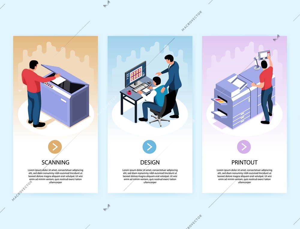 Printing industry vertical banners with design scanning printout isometric compositions isolated vector illustration