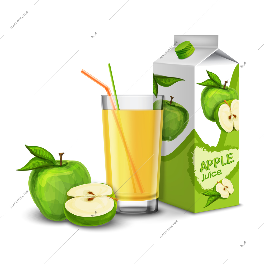 Realistic apple juice glass with cocktail straw and paper pack isolated on white background vector illustration