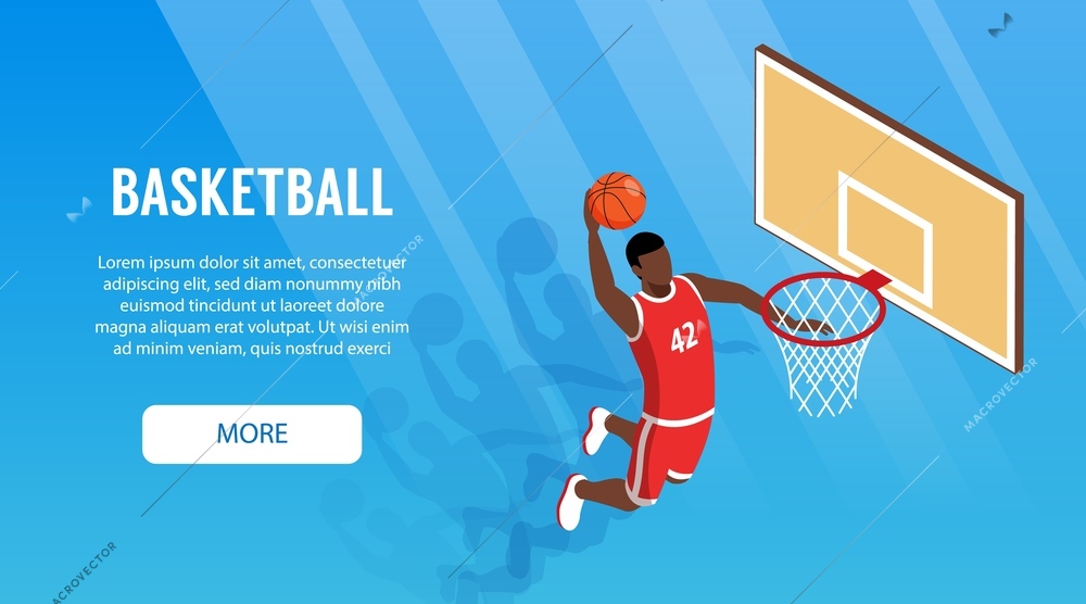 Isometric horizontal banner with male player hitting basket 3d vector illustration