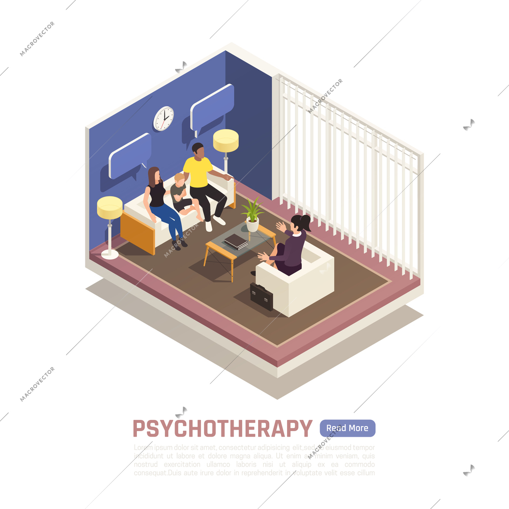 Parents with little child during family psychotherapy session in psychologist office isometric web page composition vector illustration