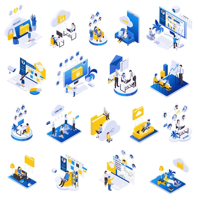 Remote secure management configuration control tools safe data storage exchange cloud software isometric icons set vector illustration