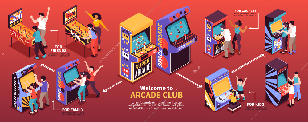 Retro arcade coin operated mechanical pinball redemption video game machines club horizontal isometric infographic banner vector illustration