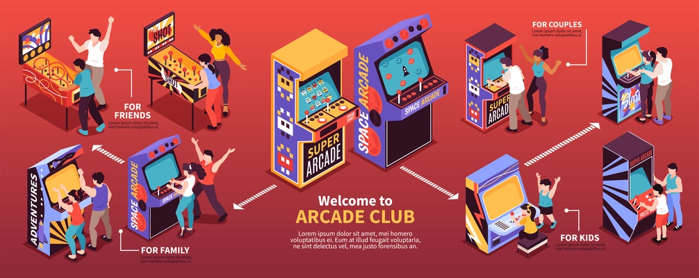 Retro arcade coin operated mechanical pinball redemption video game machines club horizontal isometric infographic banner vector illustration