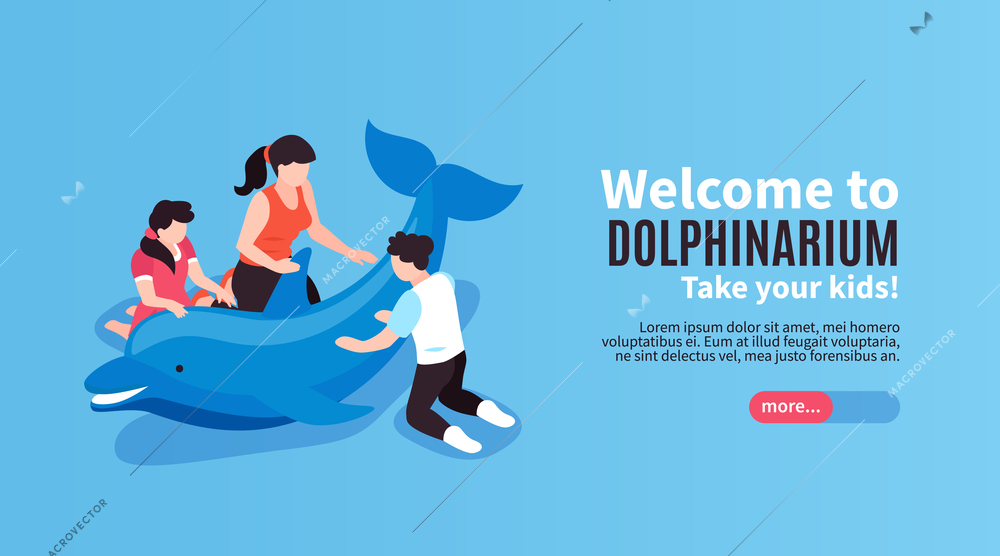 Welcome to dolphinarium horizontal blue banner with call to take children to performance isometric vector illustration