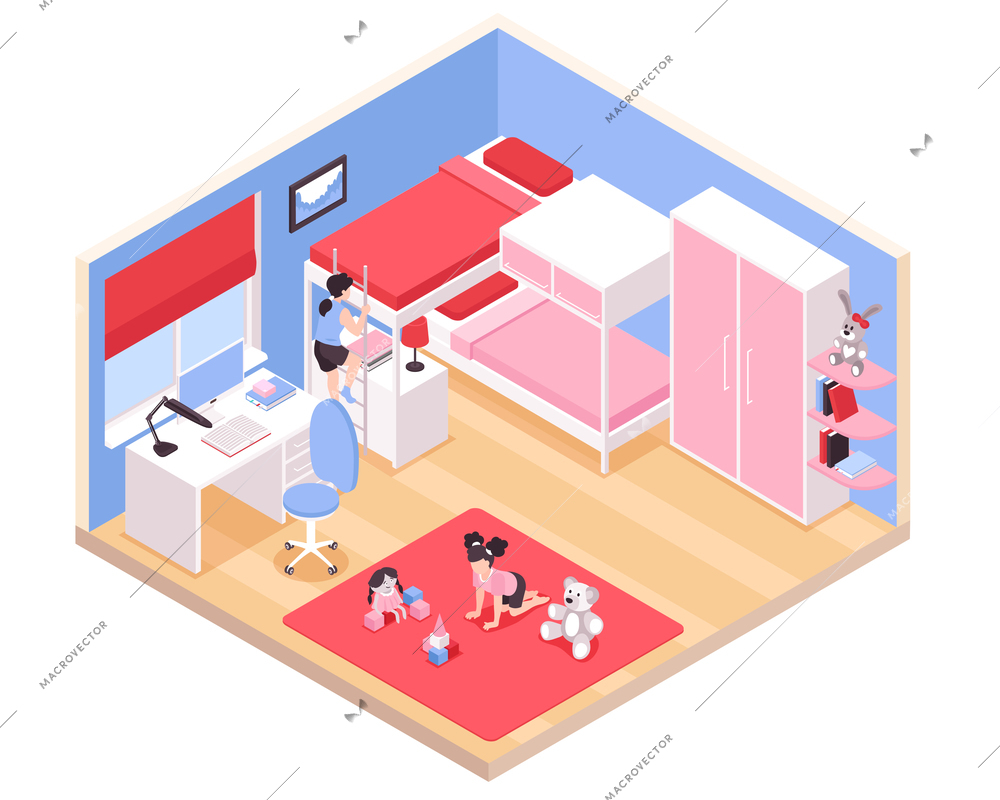 Children girls room interior isometric view with red carpet bunk bed pink wardrobe closet desk toys vector illustration