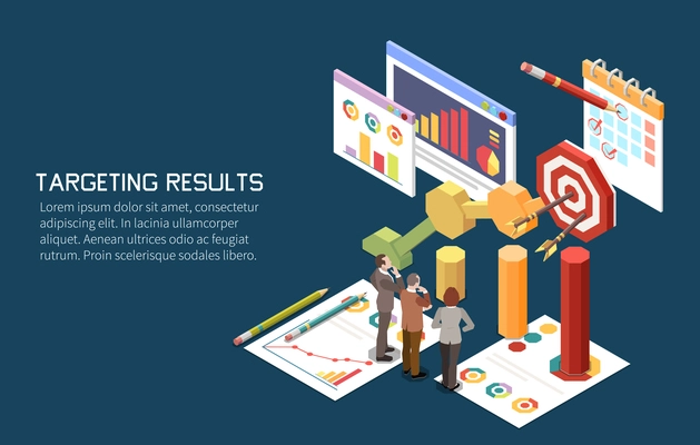 Marketing strategy concept isometric background with human characters and images of target graphs with editable text vector illustration