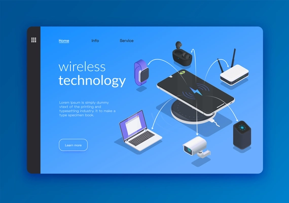 Wireless technologies isometric banner or landing page with links and learn more button vector illustration