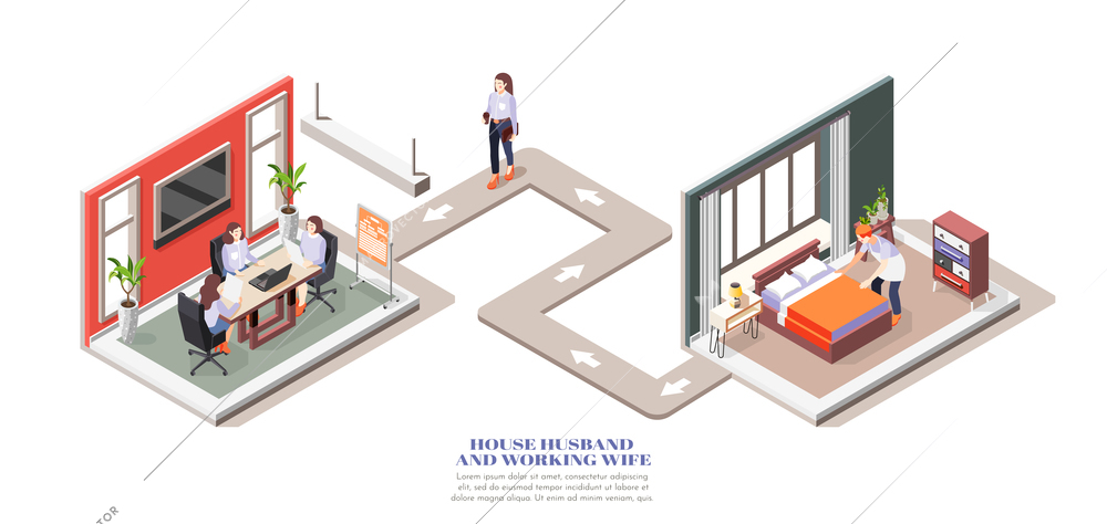 Isometric composition with working wife going to office and house husband making bed 3d vector illustration