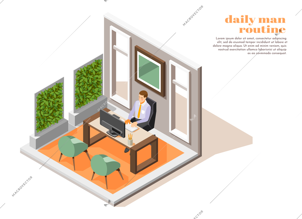 Man working at office daily routine composition 3d isometric vector illustration