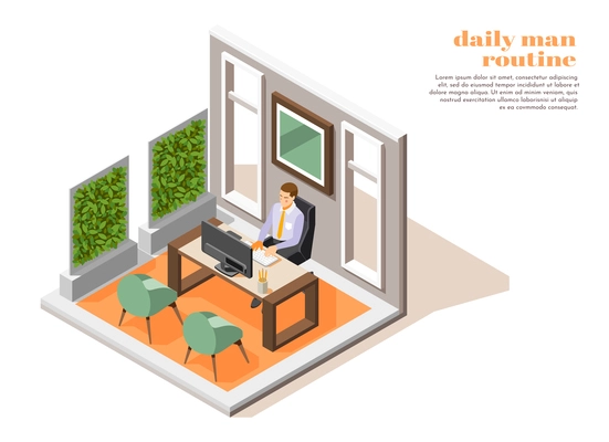 Man working at office daily routine composition 3d isometric vector illustration