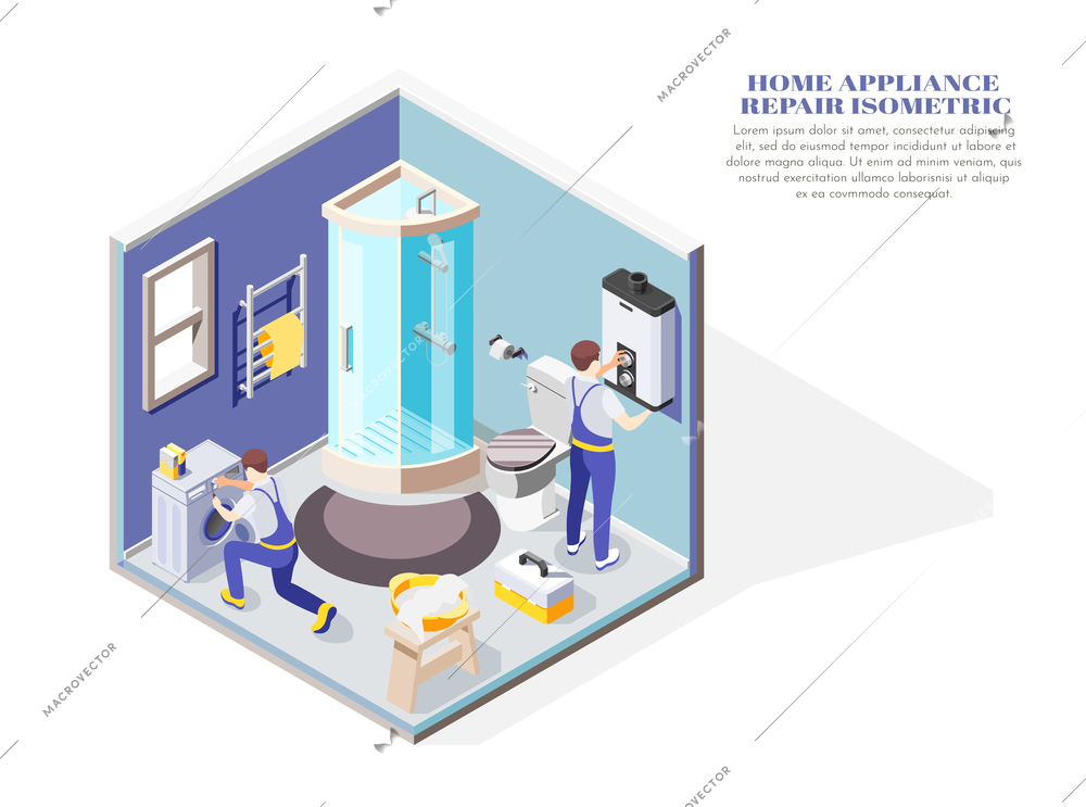 Handymen repairing electric home appliances in bathroom isometric composition 3d vector illustration