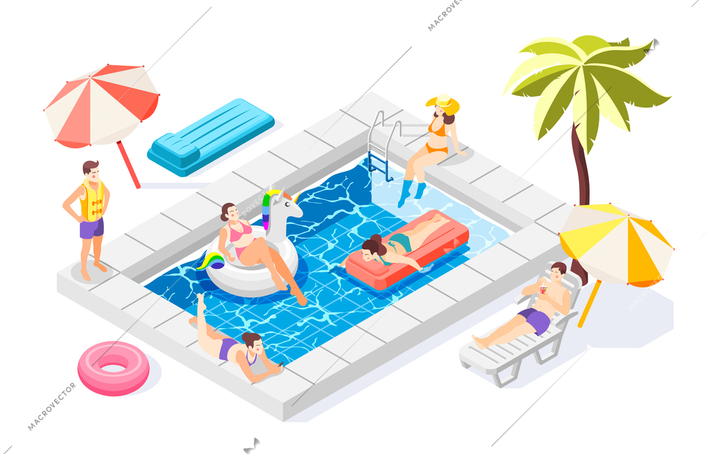 People relaxing near pool with swimming equipment 3d isometric vector illustration