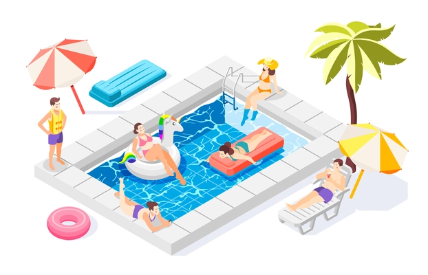 People relaxing near pool with swimming equipment 3d isometric vector illustration