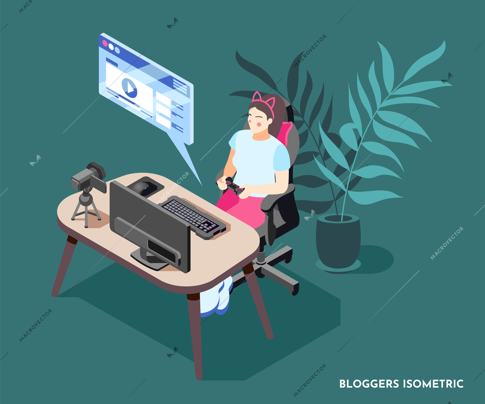 Isometric background with woman blogger recording video with joystick in hands 3d vector illustration