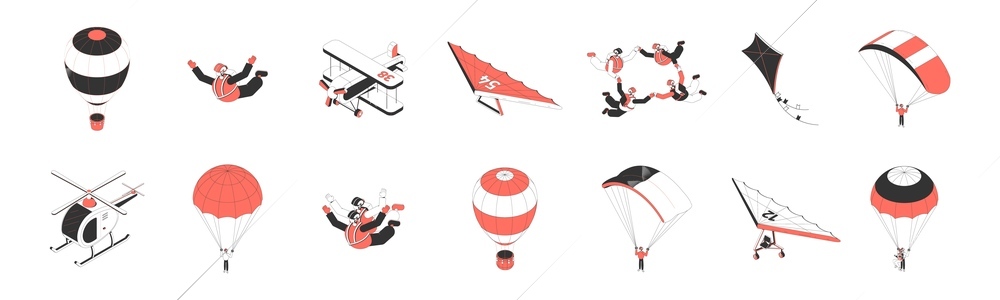 Air tourism isometric icons set with people doing parachuting hang gliding flying plane 3d isolated vector illustration