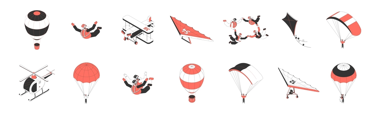 Air tourism isometric icons set with people doing parachuting hang gliding flying plane 3d isolated vector illustration