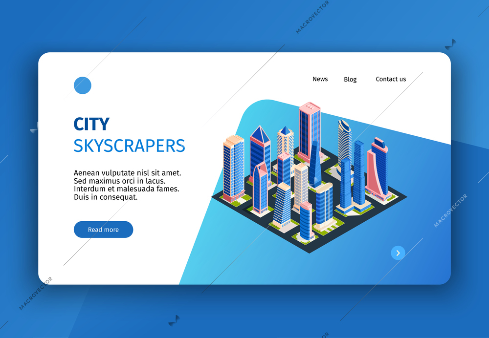 Isometric city concept banner for website landing page with clickable links buttons and tall buildings images vector illustration