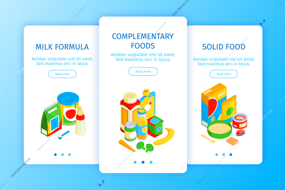 Isometric shops banners set with page switches read more buttons text and images of food products vector illustration