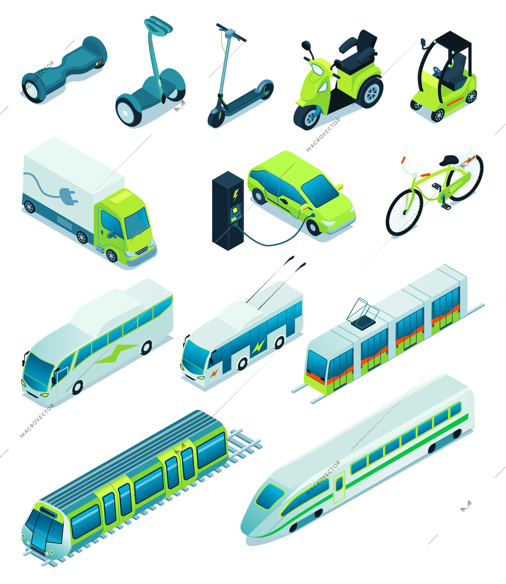 Isometric electric transport ecology friendly vehicle icon set with bicycle scooter car scooter trolley bus highspeed train for example vector illustration