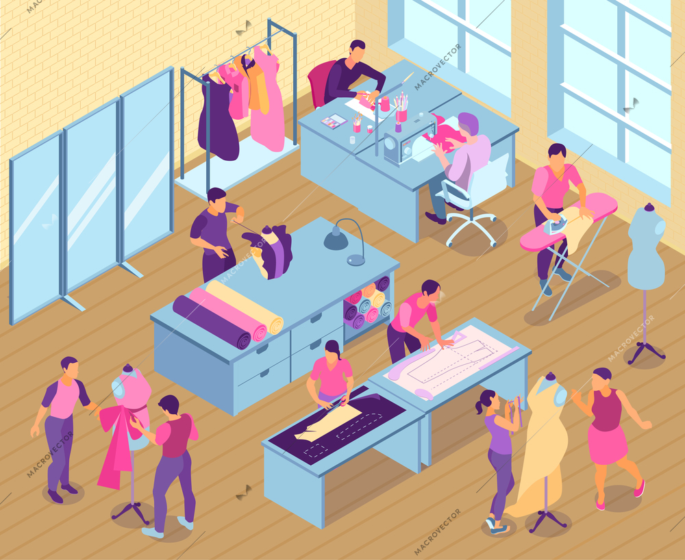 Isometric sewing studio illustration with seamstress and tailors work in the studio vector illustration