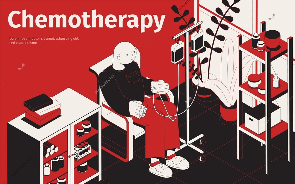 Chemotherapy isometric background with editable text and indoor composition with patient and drop counter with medication vector illustration