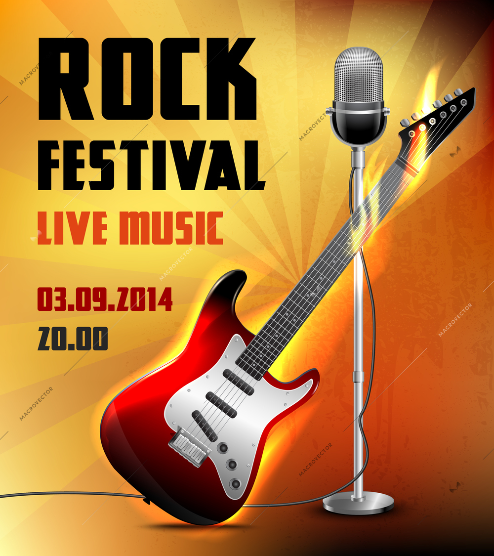 Rock festival live music concert poster with electric guitar and microphone vector illustration.