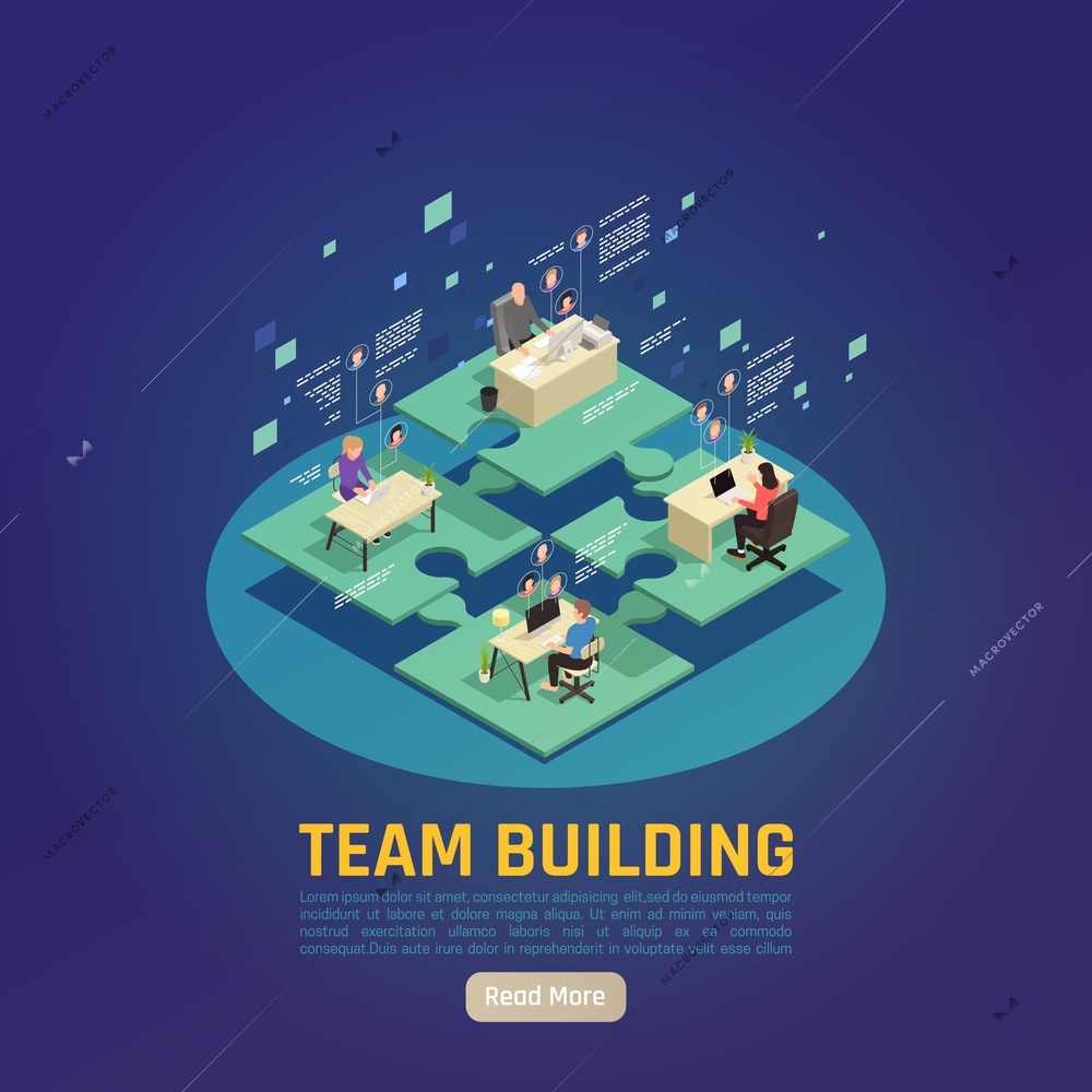 Online virtual team building isometric background with set of platforms with working people and clickable button vector illustration