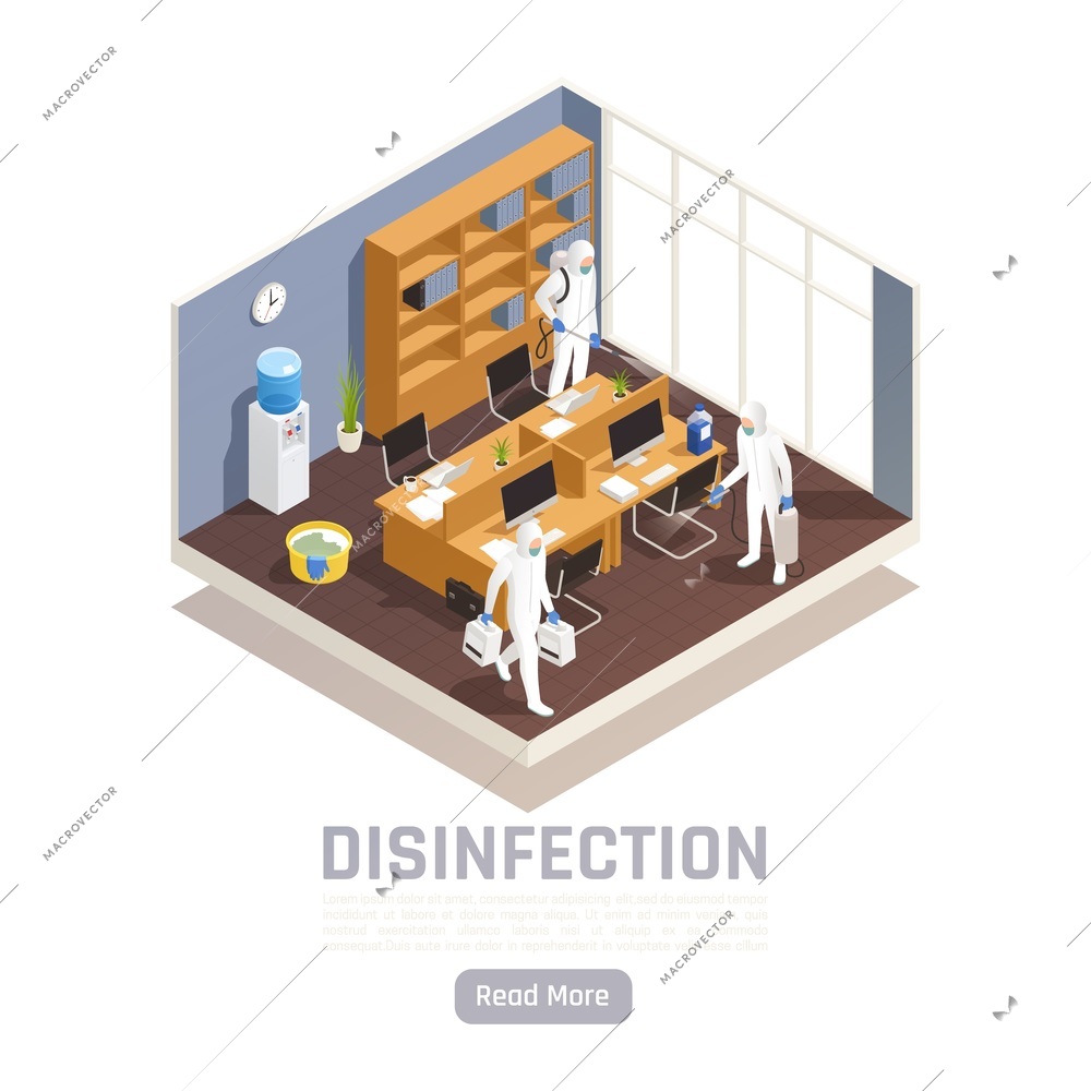 Sanitizing isometric background with editable text read more button and view of disinfectors team in office vector illustration