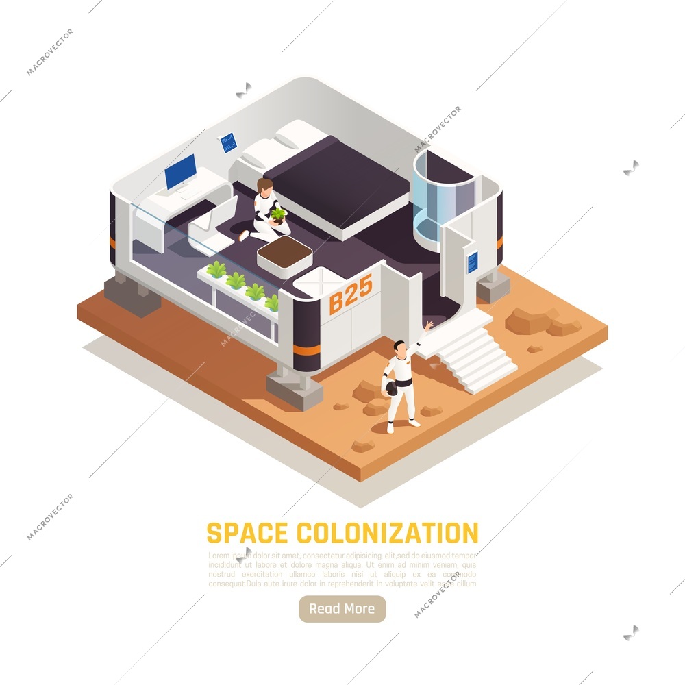 Space colonization terraforming isometric background with view of living module with people editable text and button vector illustration