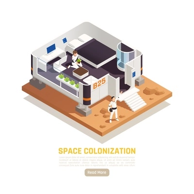 Space colonization terraforming isometric background with view of living module with people editable text and button vector illustration