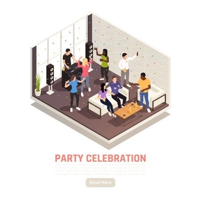 Party celebration isometric background with read more button text and domestic scenery with group of friends vector illustration